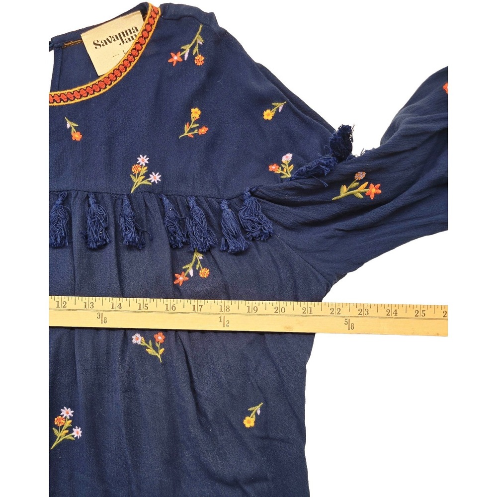 Savanna Jane Peasant Top Women L Navy Floral Embroidery Fringed Boho Blouse - Picture 7 of 8